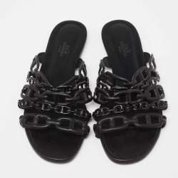 Pre Owned Hermes Black Leather D'ancre Chaine Flat Slides Size 38.5