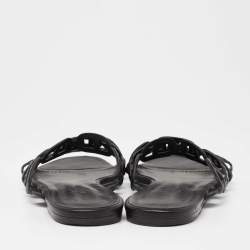 Pre Owned Hermes Black Leather D'ancre Chaine Flat Slides Size 38.5
