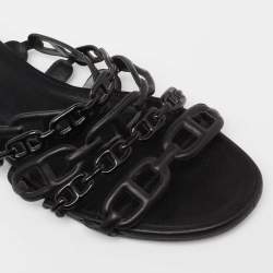 Pre Owned Hermes Black Leather D'ancre Chaine Flat Slides Size 38.5