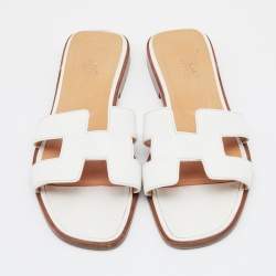 Hermes White Leather Oran Flats Size 38