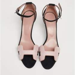Pre Owned Hermes Pink/Black Crystals and Suede Premiere Ankle-Strap Sandals Size 40