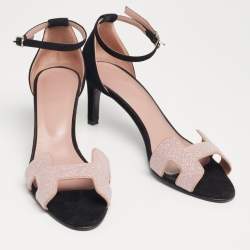 Pre Owned Hermes Pink/Black Crystals and Suede Premiere Ankle-Strap Sandals Size 40