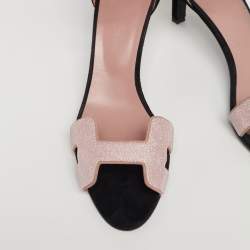 Pre Owned Hermes Pink/Black Crystals and Suede Premiere Ankle-Strap Sandals Size 40