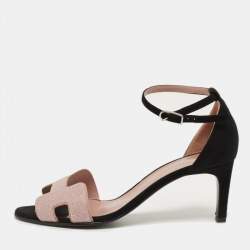 Pre Owned Hermes Pink/Black Crystals and Suede Premiere Ankle-Strap Sandals Size 40