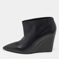 Hermes Black Leather Pointed Toe Wedge Ankle Booties Size 39