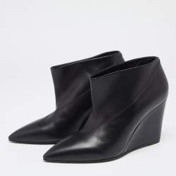 Hermes Black Leather Pointed Toe Wedge Ankle Booties Size 39