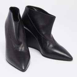 Hermes Black Leather Pointed Toe Wedge Ankle Booties Size 39