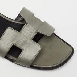 Hermes Grey/Black Leather Oran Flat Slides Size 40.5