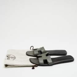 Hermes Grey/Black Leather Oran Flat Slides Size 40.5