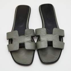 Hermes Grey/Black Leather Oran Flat Slides Size 40.5