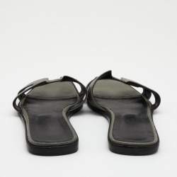 Hermes Grey/Black Leather Oran Flat Slides Size 40.5
