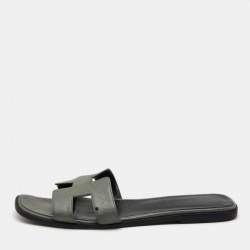 Hermes Grey/Black Leather Oran Flat Slides Size 40.5