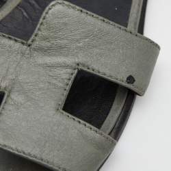 Hermes Grey/Black Leather Oran Flat Slides Size 40.5