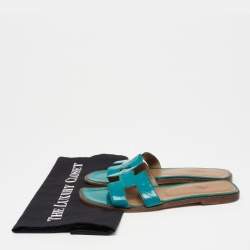 Hermes Teal Patent Leather Oran Flat Slides Size 36.5