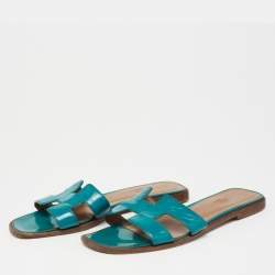 Hermes Teal Patent Leather Oran Flat Slides Size 36.5