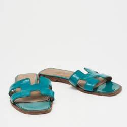 Hermes Teal Patent Leather Oran Flat Slides Size 36.5
