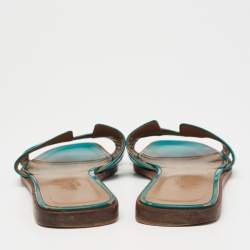 Hermes Teal Patent Leather Oran Flat Slides Size 36.5