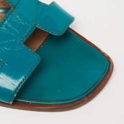 Hermes Teal Patent Leather Oran Flat Slides Size 36.5
