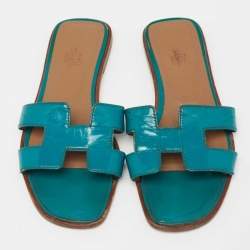 Hermes Teal Patent Leather Oran Flat Slides Size 36.5
