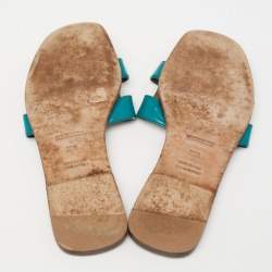 Hermes Teal Patent Leather Oran Flat Slides Size 36.5