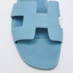Hermes Light Blue Leather Oran Flat Slides Size 39