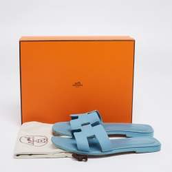 Hermes Light Blue Leather Oran Flat Slides Size 39