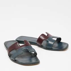 Hermes Two Tone Leather Oran Flat Slides Size 40.5
