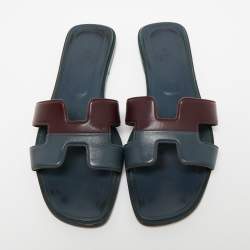 Hermes Two Tone Leather Oran Flat Slides Size 40.5