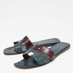 Hermes Two Tone Leather Oran Flat Slides Size 40.5