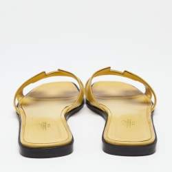 Pre Owned Hermes Yellow Patent Leather Oran Flat Slides Size 40.5