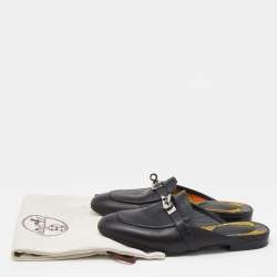 Pre Owned Hermes Black Leather Palladium Plated Oz Flat Mule Sandals Size 36