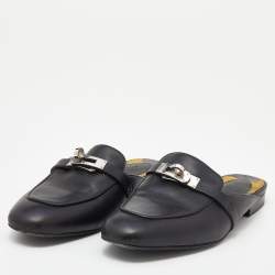 Pre Owned Hermes Black Leather Palladium Plated Oz Flat Mule Sandals Size 36