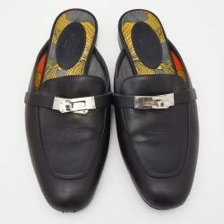 Pre Owned Hermes Black Leather Palladium Plated Oz Flat Mule Sandals Size 36