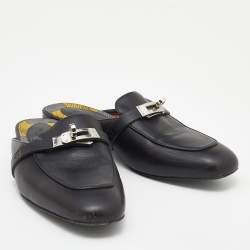 Pre Owned Hermes Black Leather Palladium Plated Oz Flat Mule Sandals Size 36