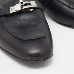 Pre Owned Hermes Black Leather Palladium Plated Oz Flat Mule Sandals Size 36