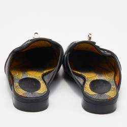 Pre Owned Hermes Black Leather Palladium Plated Oz Flat Mule Sandals Size 36