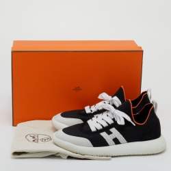 Hermes Black/White Suede And Knit Fabric Low Top Sneakers Size 39.5