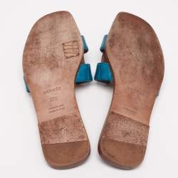 Pre Owned Hermes Turquoise Blue Croc Embossed Leather Oran Sandals Size 37.5