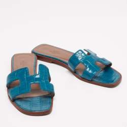 Pre Owned Hermes Turquoise Blue Croc Embossed Leather Oran Sandals Size 37.5