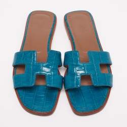 Pre Owned Hermes Turquoise Blue Croc Embossed Leather Oran Sandals Size 37.5