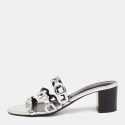 Hermes Silver Leather Chaine D'Ancre Slide Sandals Size 38.5