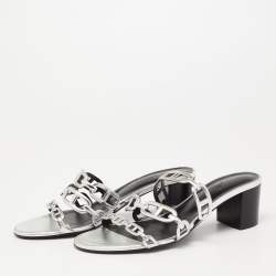 Hermes Silver Leather Chaine D'Ancre Slide Sandals Size 38.5