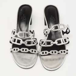 Hermes Silver Leather Chaine D'Ancre Slide Sandals Size 38.5