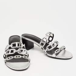 Hermes Silver Leather Chaine D'Ancre Slide Sandals Size 38.5