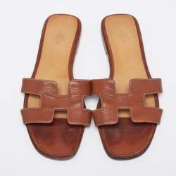 Pre Owned Hermes Brown Leather Oran  Sandals Size 41.5
