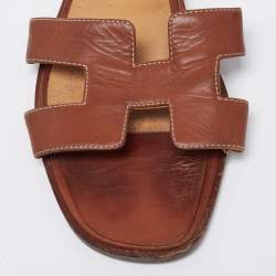 Pre Owned Hermes Brown Leather Oran  Sandals Size 41.5