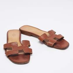 Pre Owned Hermes Brown Leather Oran  Sandals Size 41.5