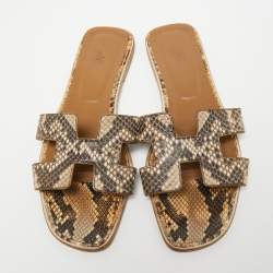 Hermes Brown/Beige Python Oran Sandals Size 41.5