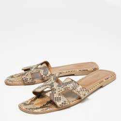 Hermes Brown/Beige Python Oran Sandals Size 41.5