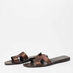 Pre Owned Hermes Metallic Dark Brown Leather Oran Flat Slides Size 37